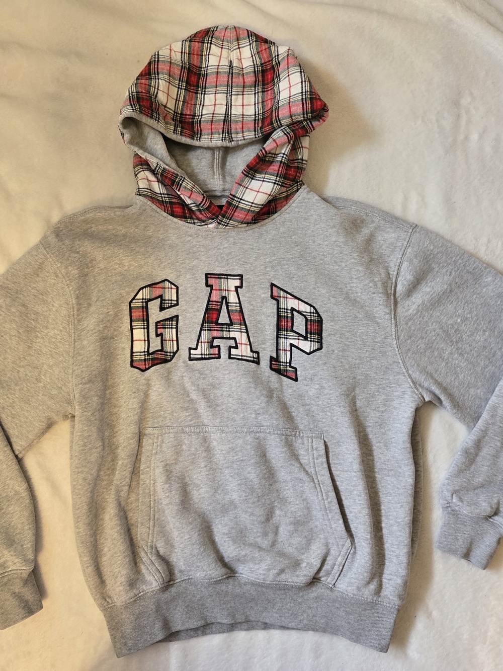 GAP Grey Hoodie with Red Plaid Hood and Logo